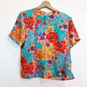 Silktime- Vintage Floral Boxy Silk Top M